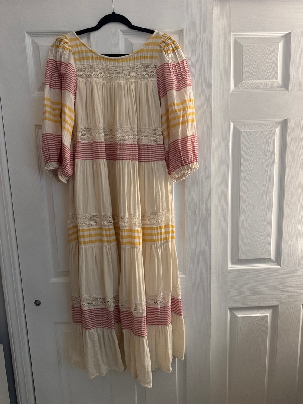 Sundance Cream Tiered Boho Dress with Pink & Yellow Stripes, lace insets. Size S